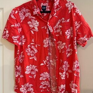 GAP Red and White Casual Button Down Shirt with Floral Design